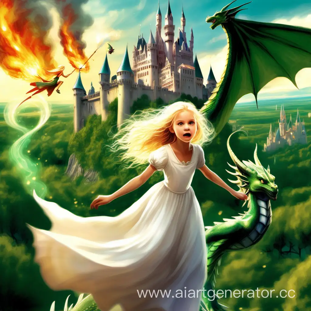 Blonde-Girl-in-White-Dress-Riding-Green-Dragon-Over-Enchanted-Castle