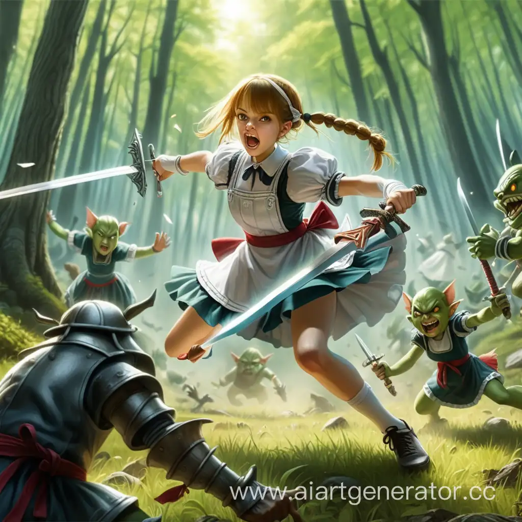 Девушка в наряде горничной, дерётся очень длинным мечом с гоблинами в лес. Девушка безумна. Девушка наслаждается боем. 
