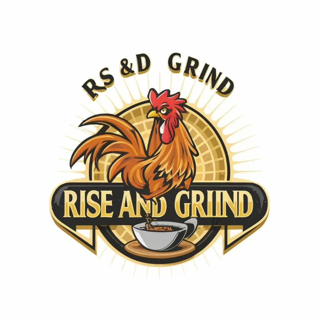 a logo design,with the text "Rise and Grind", main symbol:Rooster, coffee, sunrise, rooster in cup, sun, coffee cup,Moderate,be used in Restaurant industry,clear background