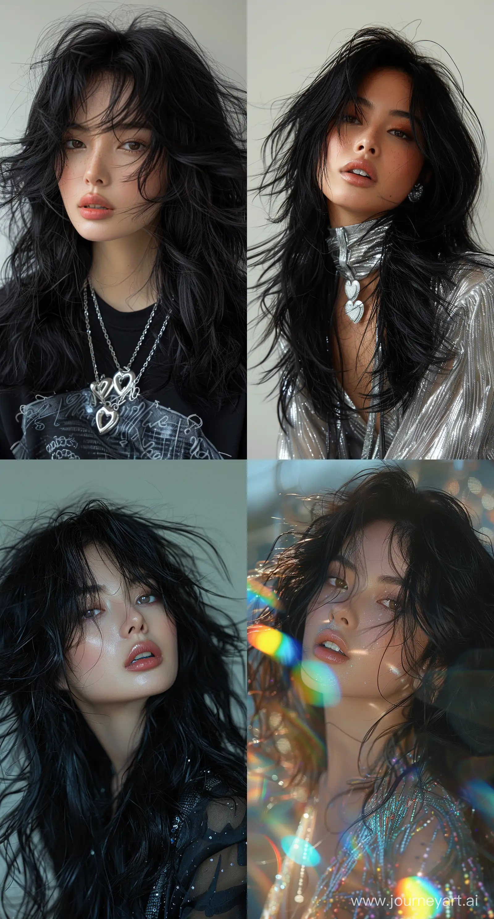 a woman with flowing, black hair is posing wearing chrome hearts style, in the style of dain yoon, soft edges and blurred details, captures raw emotions, multilayered, soft edges, wavy, distinct facial features --ar 69:128 --stylize 750 --v 6