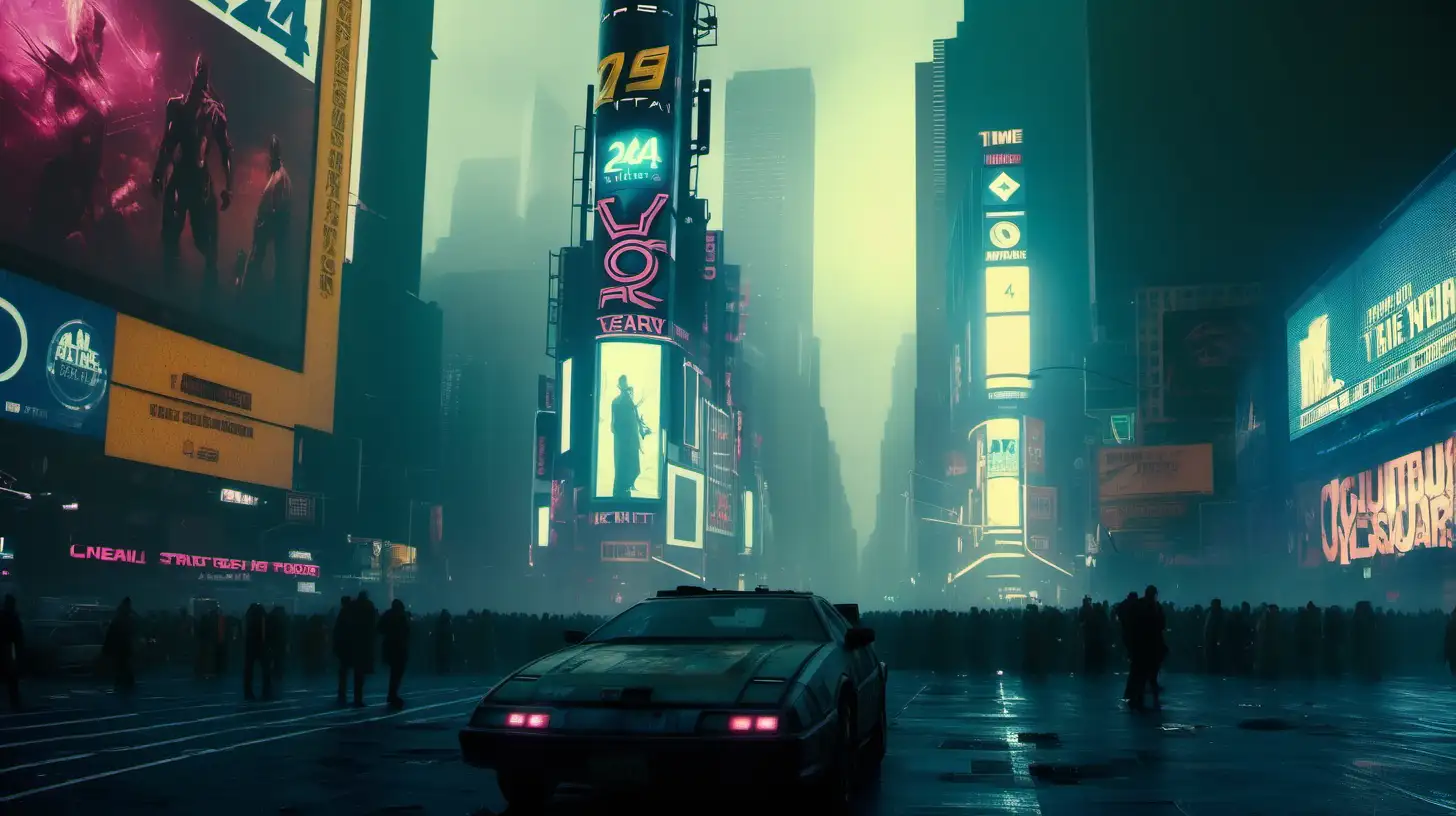 cinematic shot through the future year 2444 cyberpunk new york city, in time Square