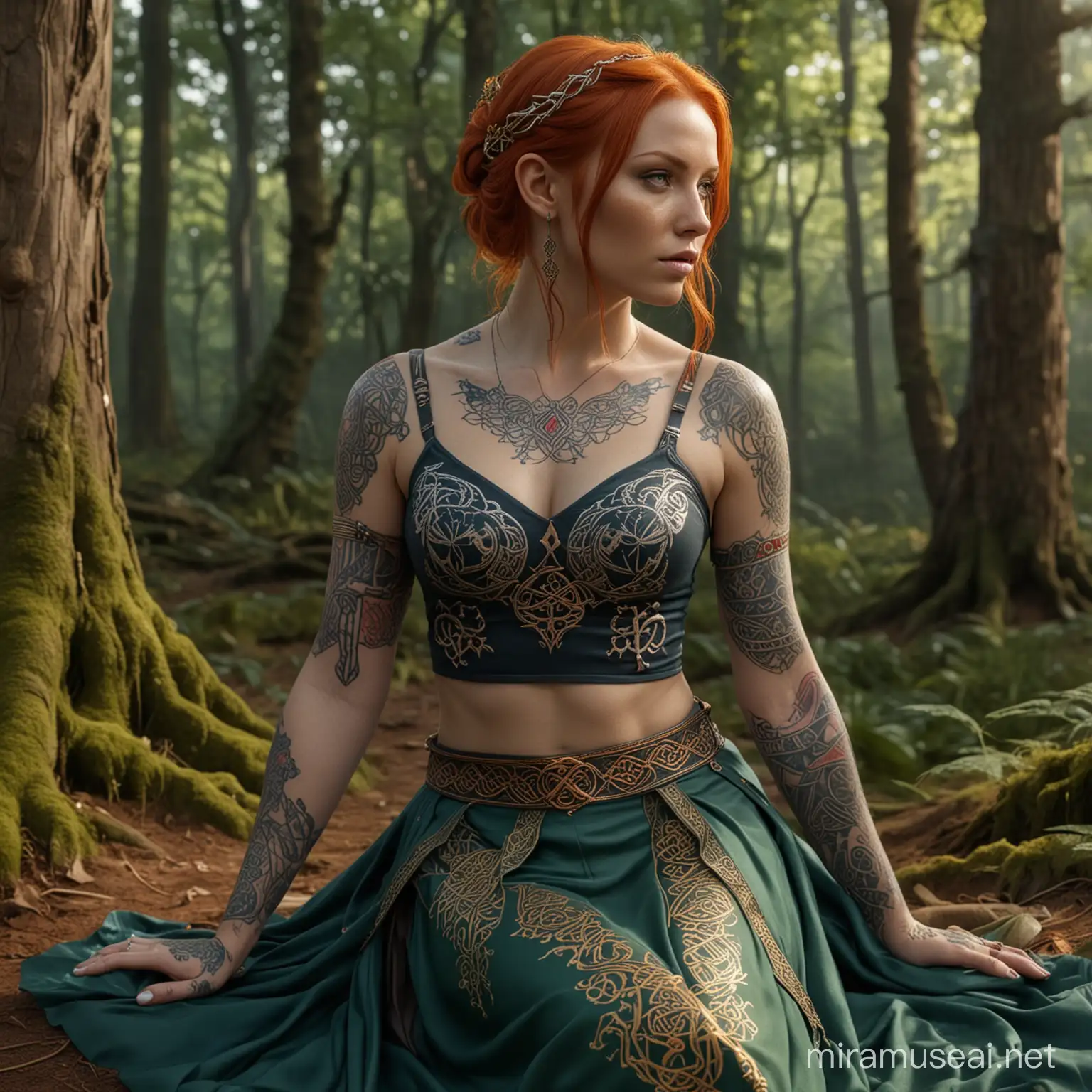 ultrarealistic high detail 4k full body long shot showing an anatomically correct female human with fiery red hair decorated with silver, colourful draconic symbols tattooed on arms, wearing a green sleeveless open chest top engraved in gold with celtic runes, sitting in a forest, wearing a very short loose skirt blue skirt embroided with colourful elven symbols