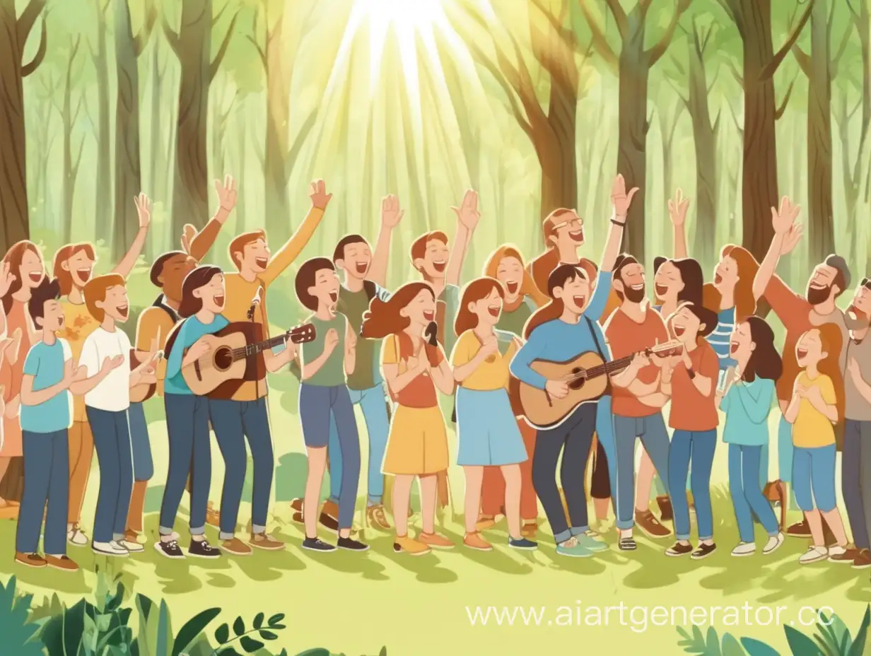много счастливых людей поют песню на лесной поляне в солнечный день 