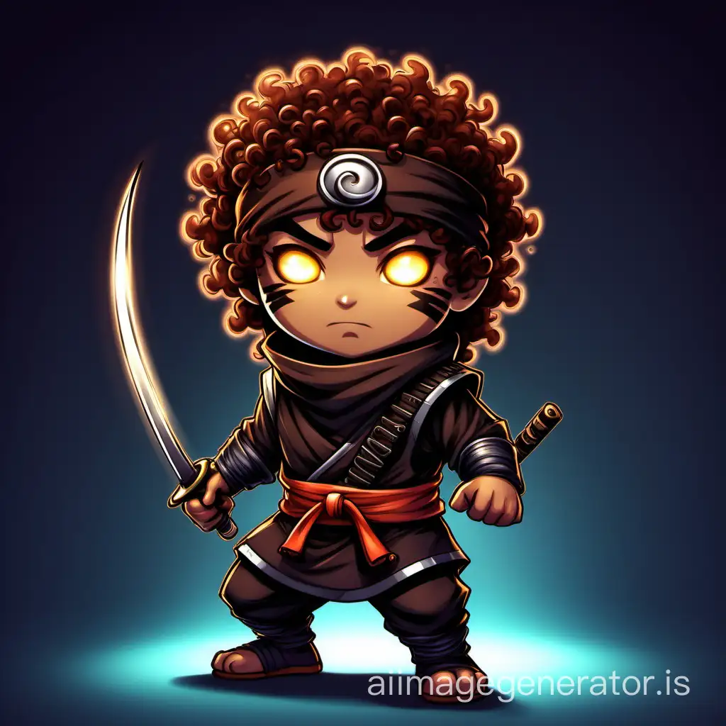 A brown curly haired ninja with headband and glowing eyes