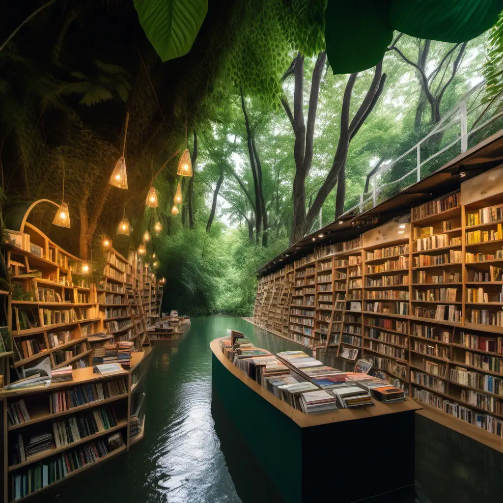 Enchanting Bookstore Nestled in a Lush Forest by a Tranquil River with Hidden Treasures