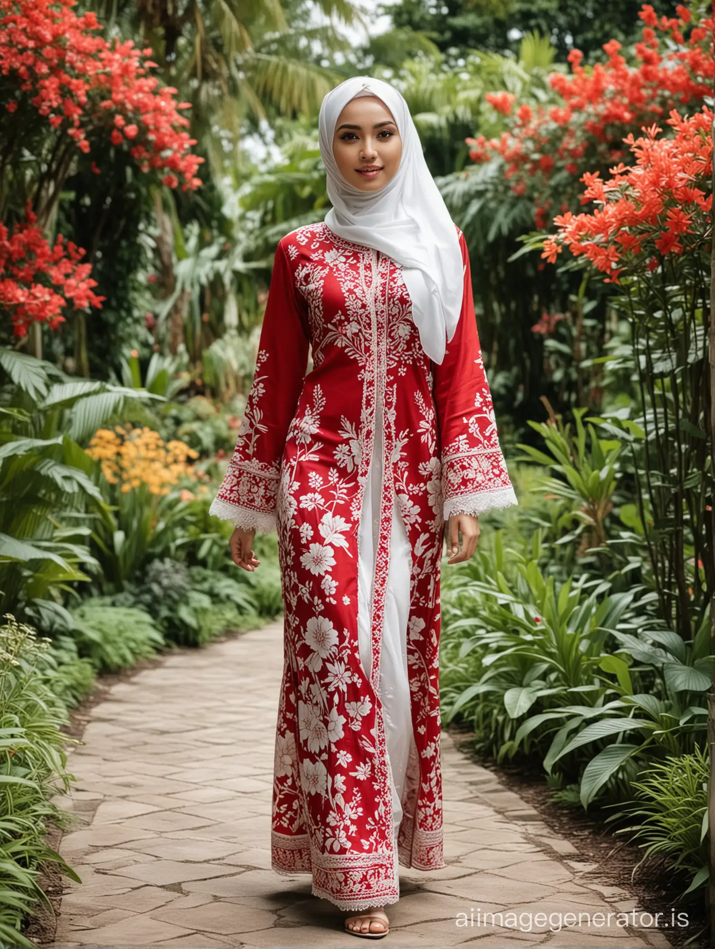 A beautiful girl wearing a hijab wearing a red and white kebaya walks in a beautiful garden