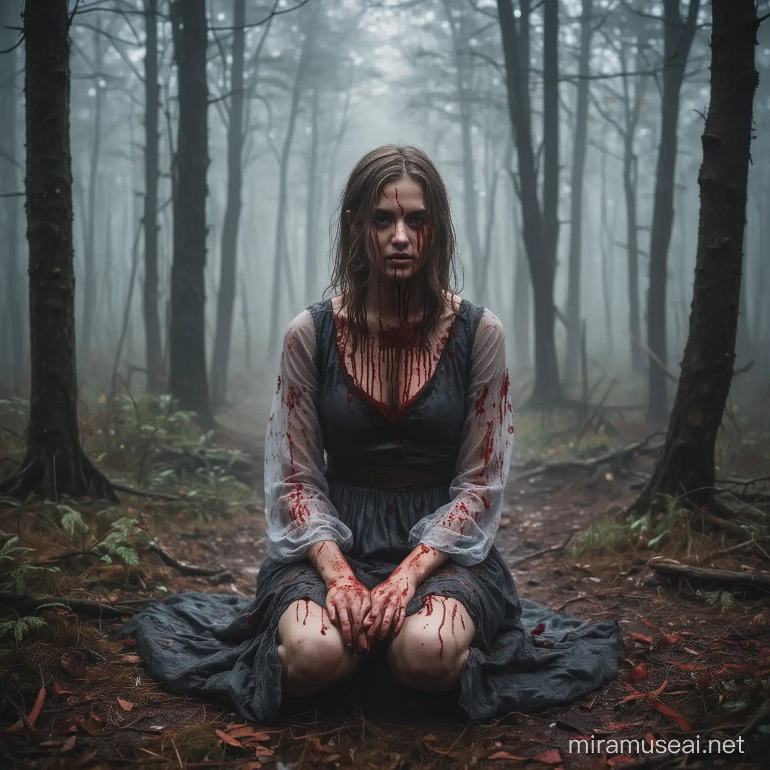 Девушка сидит в туманном лесу, вся покрыта кровью