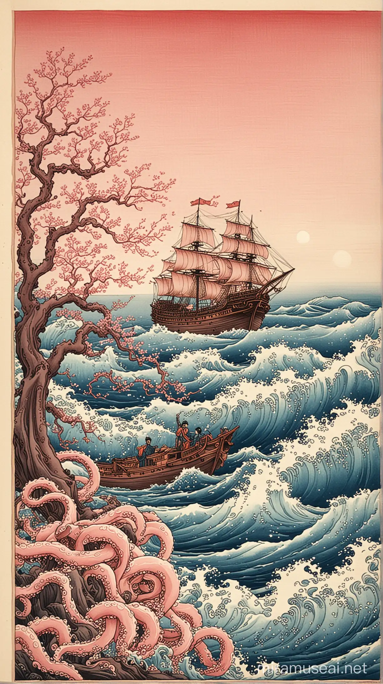 There is a sea, rock and tree at the bottom of the page. Pink waves with a ship. And an octopus has his hands out of the water. Hokusai style