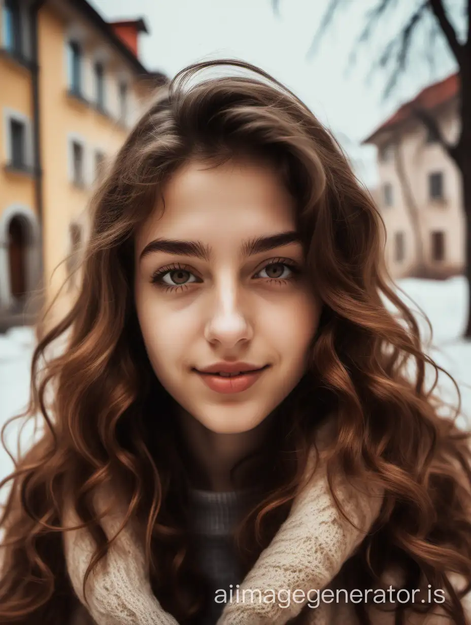 Generate a photo style image from mobile phone. use natural ambient light and avoid excessive retouching. Maintain a resolution and format typical of a cell phone photo of Michela an italian prosperous girl just came back home from college with brown wavy hair in lithuanian winter day