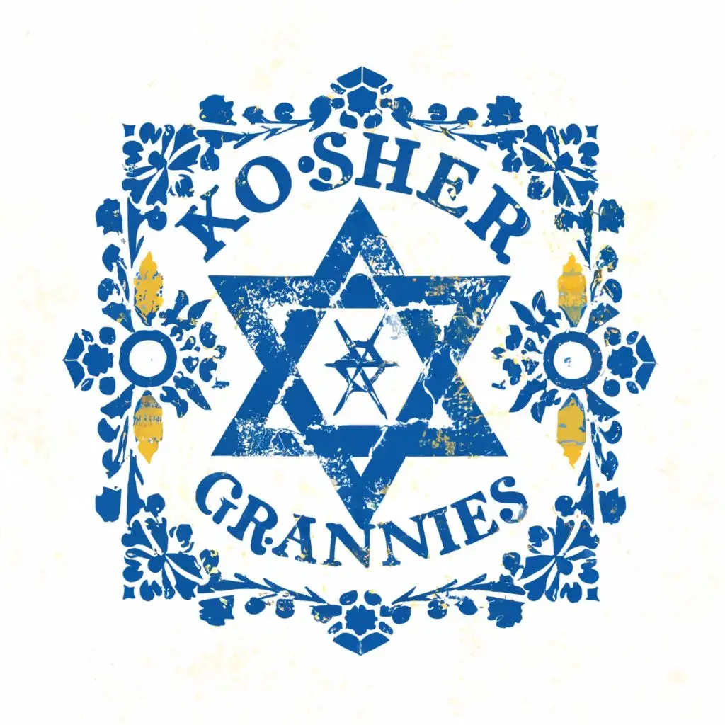 logo, Star of David tile white and blue and yellow only, with the text "Kosher Grannies", typography