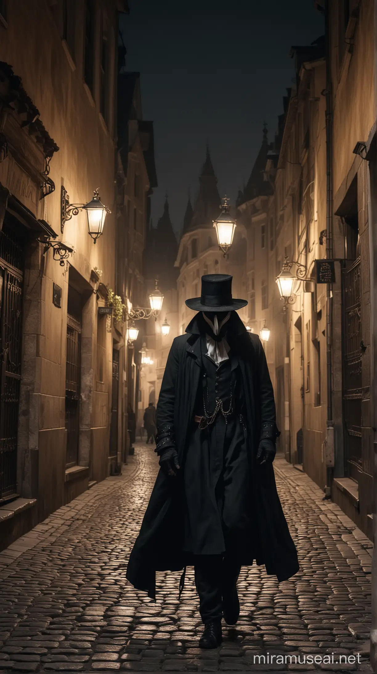 An evocative cinematic portrait of a young man dressed as a plague doctor, strolling through the dimly lit streets of Renaissance Vienna. He wears the traditional long black robe, tall hat, and beak-like mask, yet his outfit is adorned with intricate, modern patterns. His gaze is intense, reflecting the passion of young love. The background reveals cobblestone streets, antique buildings, and flickering torchlight, creating an atmosphere of dark fantasy and historical intrigue., dark fantasy, portrait photography, photo, cinematic