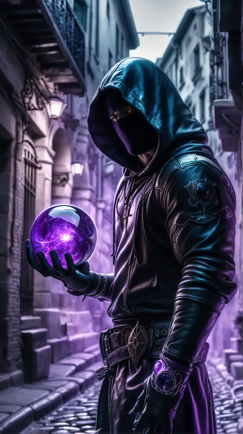 muscular Assassin wearing a black leather outfit with a hood over his head, the background is black and white and only his face is blurred by purple magic, face blurred, he is gathering a purple ball of magic above his right hand that looks like a marble that warps the space around it, standing in the middle of a dimly lit backalley in the night in an old city, in the style of Alfons Mucha, grim, dark, with emphasis on light play and the transparency of the glass, High and short depth of field, Ray tracing, hyperdetailed, hyper realistic, epic portrait, in dynamics, rich, cinematic color grading, stunning, photorealistic, 8k, shot on Canon EOS-1D X Mark III, photorealistic painting, e video, photo taken of an epic intricate, The camera settings are carefully chosen to emphasize the soft light and the subject: an aperture of f/5. 6, ISO 200, and a shutter speed of 1/125 sec, cinematic 35mm --ar 51:91 --s1000