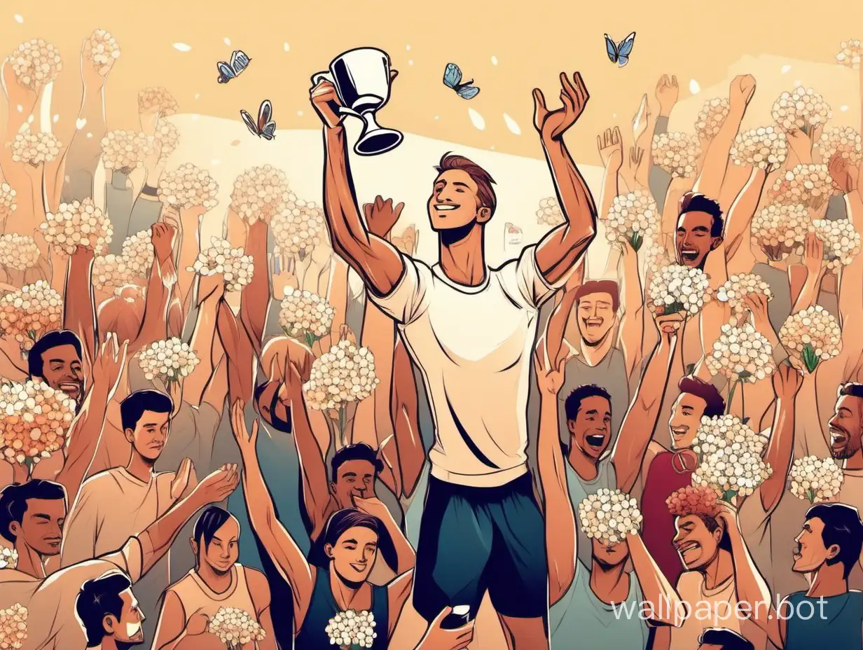 The guy athlete holds a cup in his hand and lifts it up, people around him applaud with flowers