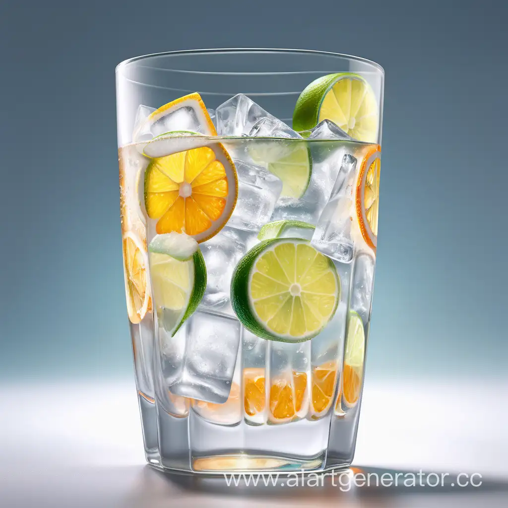 Прозрачный напиток в прозрачном ровном стакане, внутри лед с кусочками лимона, лайма и апельсина
В стиле аниме