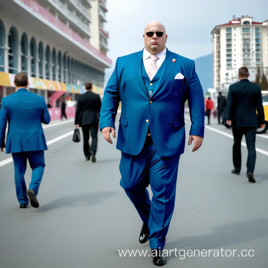 богатый толстый лысый человек в дорогом костюме идёт по улице в городе Сочи