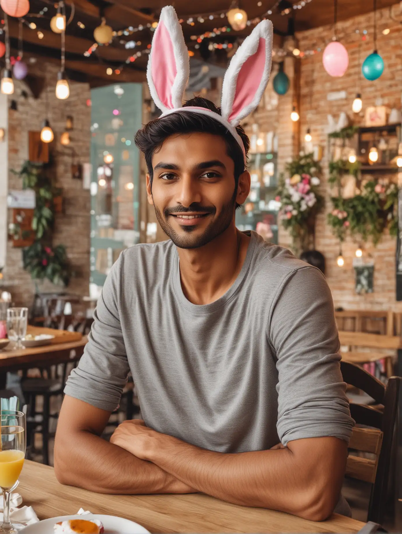 Handsome Indian Man Celebrating Easter in Bunny Ears at Cozy Restaurant