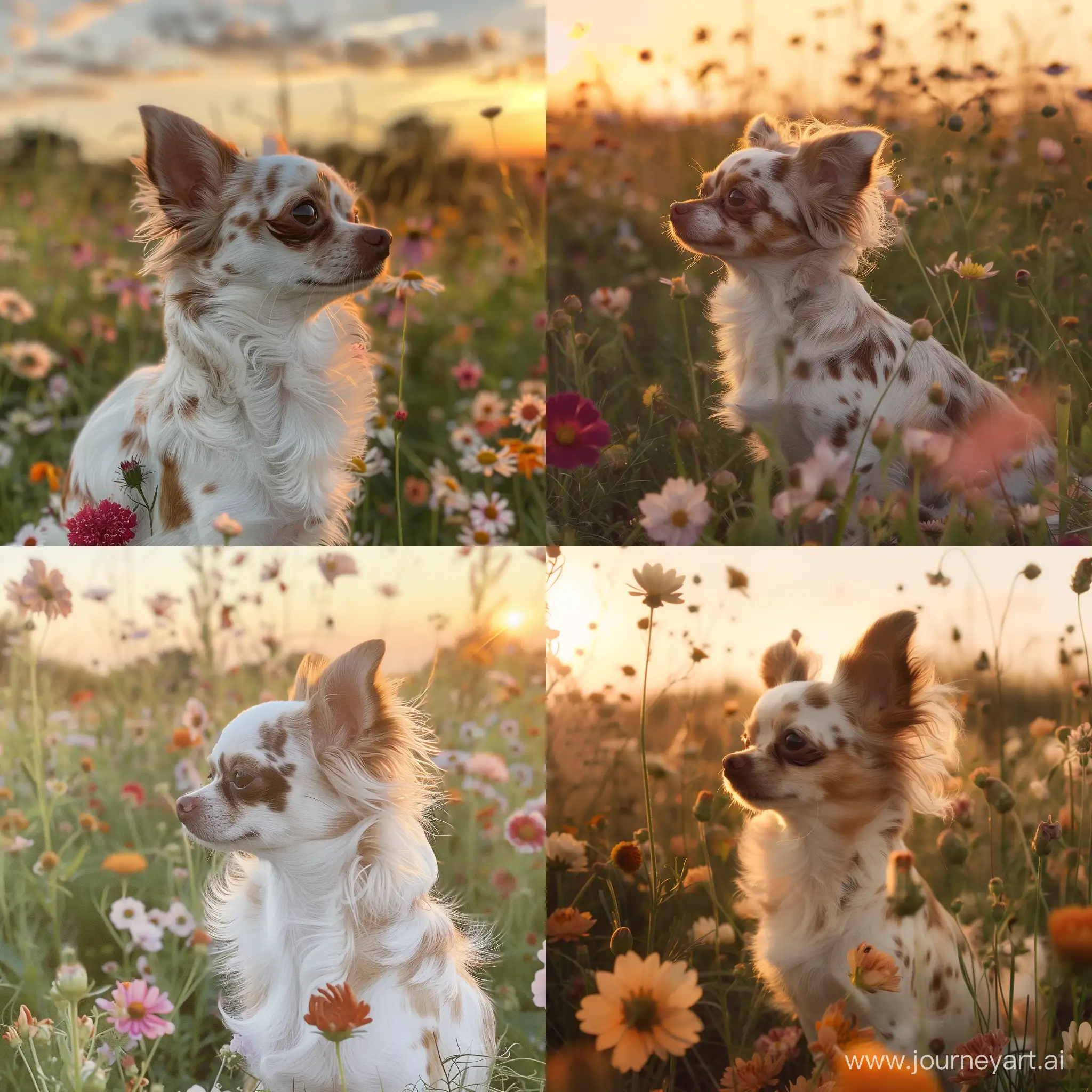 Eine Blumenwiese im Sommer mit einem Chihuahua mit weißem Fell das braune bis hellbraune Flecken hat, die Sonne geht gerade unter