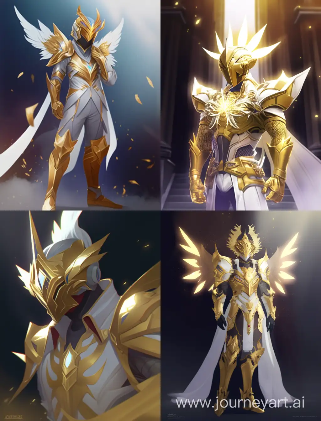 concept art, male, angel in sci fi armor, eyesless gold mask, gold gloves, relax style
