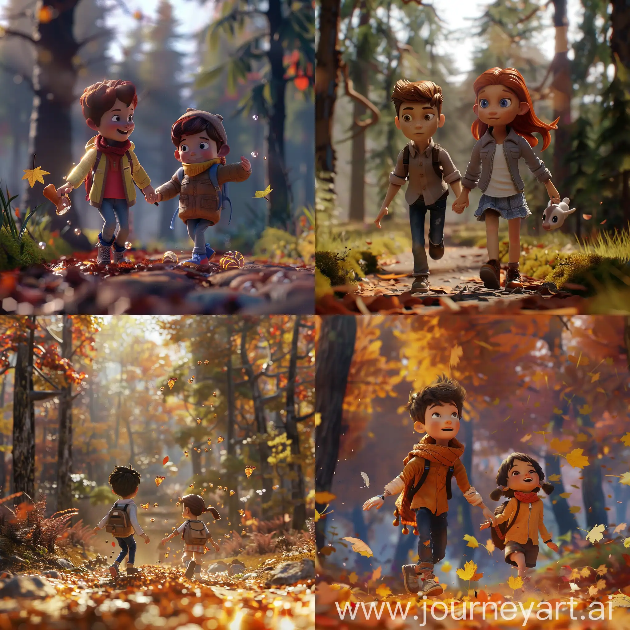 A boy and a girl are walking in the woods and throw caramel candies on the path :: 3D animation 