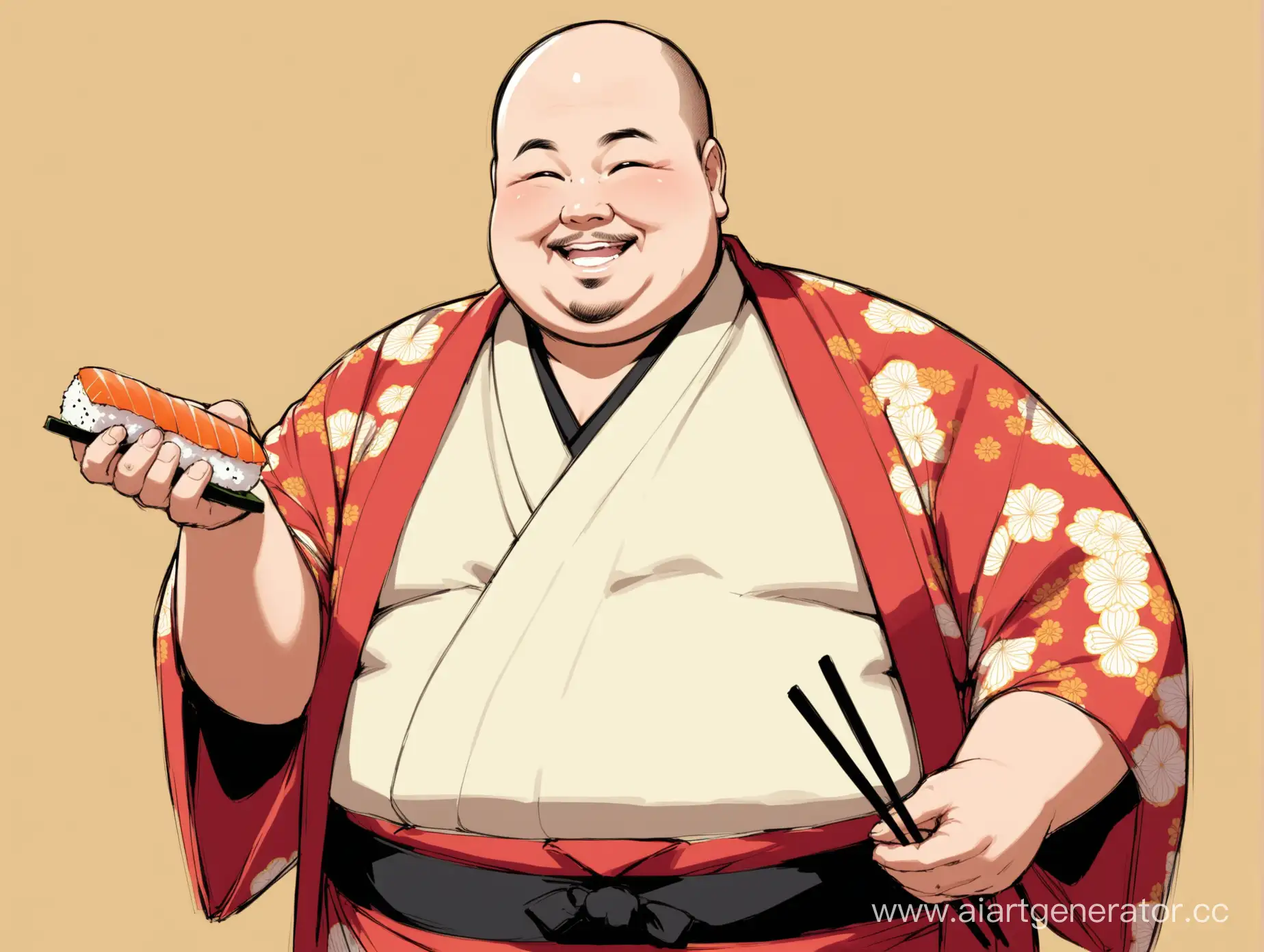 Happy-Japanese-Man-in-Kimono-Enjoying-Sushi