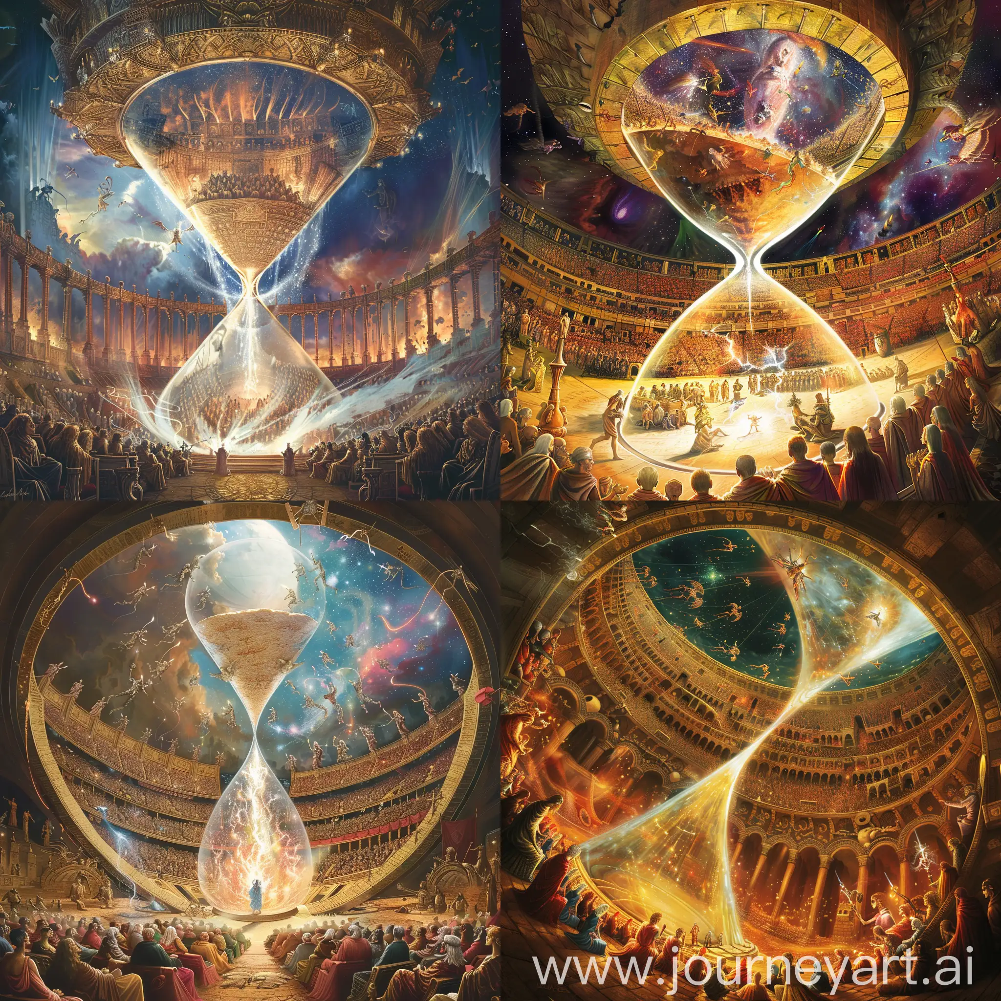 a huge coliseum inside an inverted hourglass with gods and beings from various dimensions seated all around, and divine energy flowing in from the cosmos
