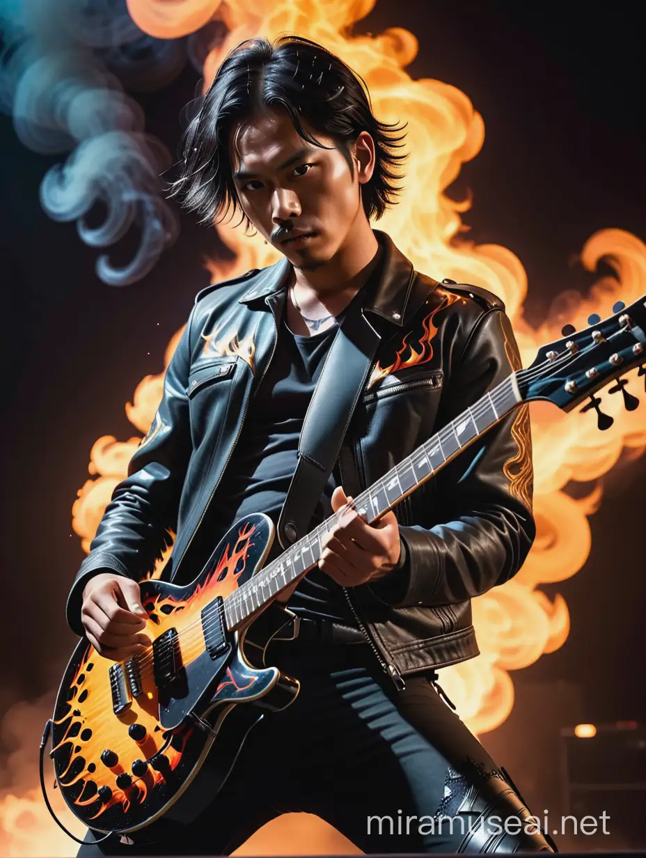 Indonesian man with messy short hair playing electric guitar in the middle of the show, wearing a dark leather jacket, intricate design, contributing to the rockstar aesthetic in the eyes of the audience. With neon flames and smoke adding intensity and drama to the scene. The background is dark, with the flames illuminating the contours of the clouds, enhancing the overall atmosphere of the image, a visual representation of the atmosphere of a rock or metal concert.  