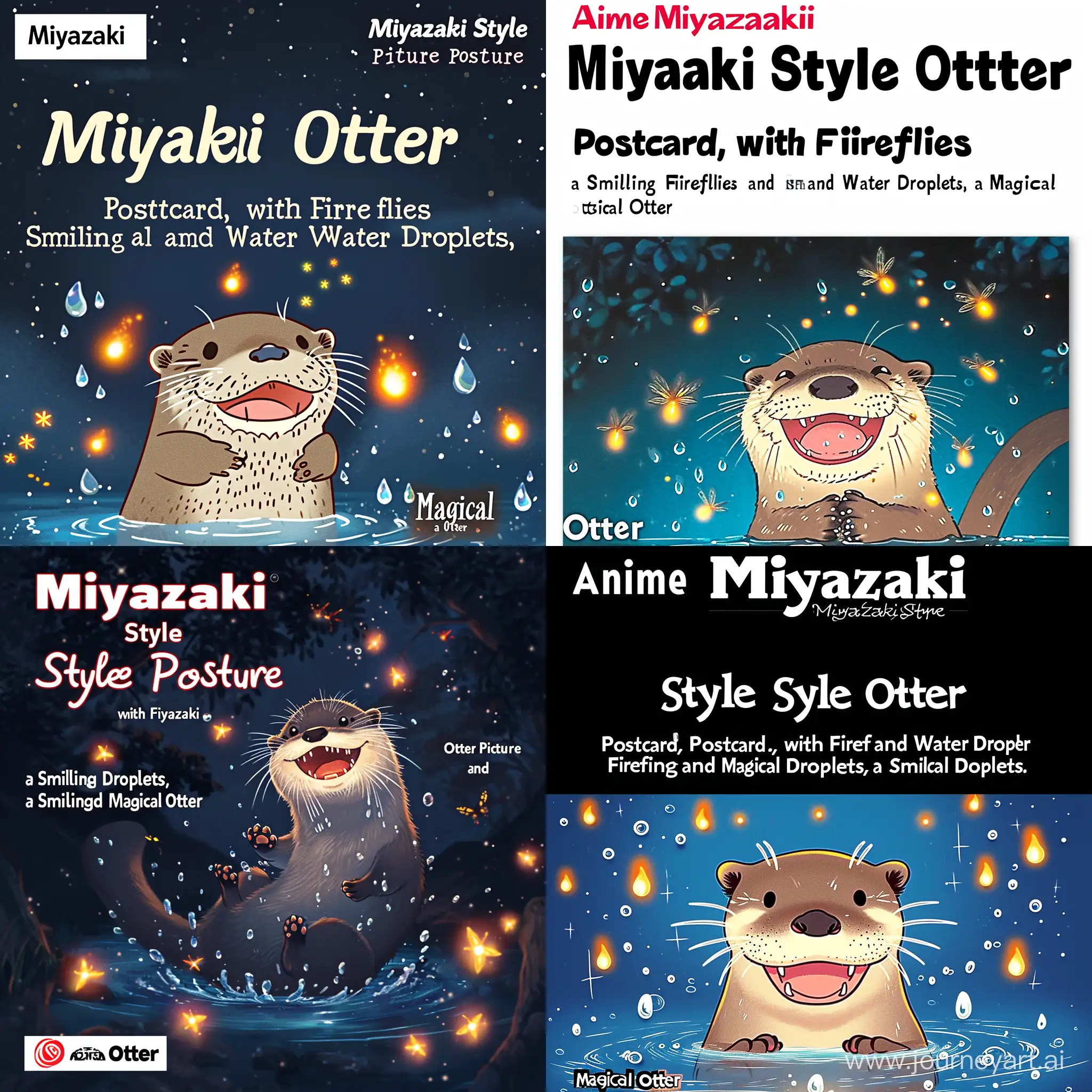 “Anime Miyazaki Style Otter Picture Postcard, with Fireflies and Water Droplets, a Smiling and Magical Otter”
