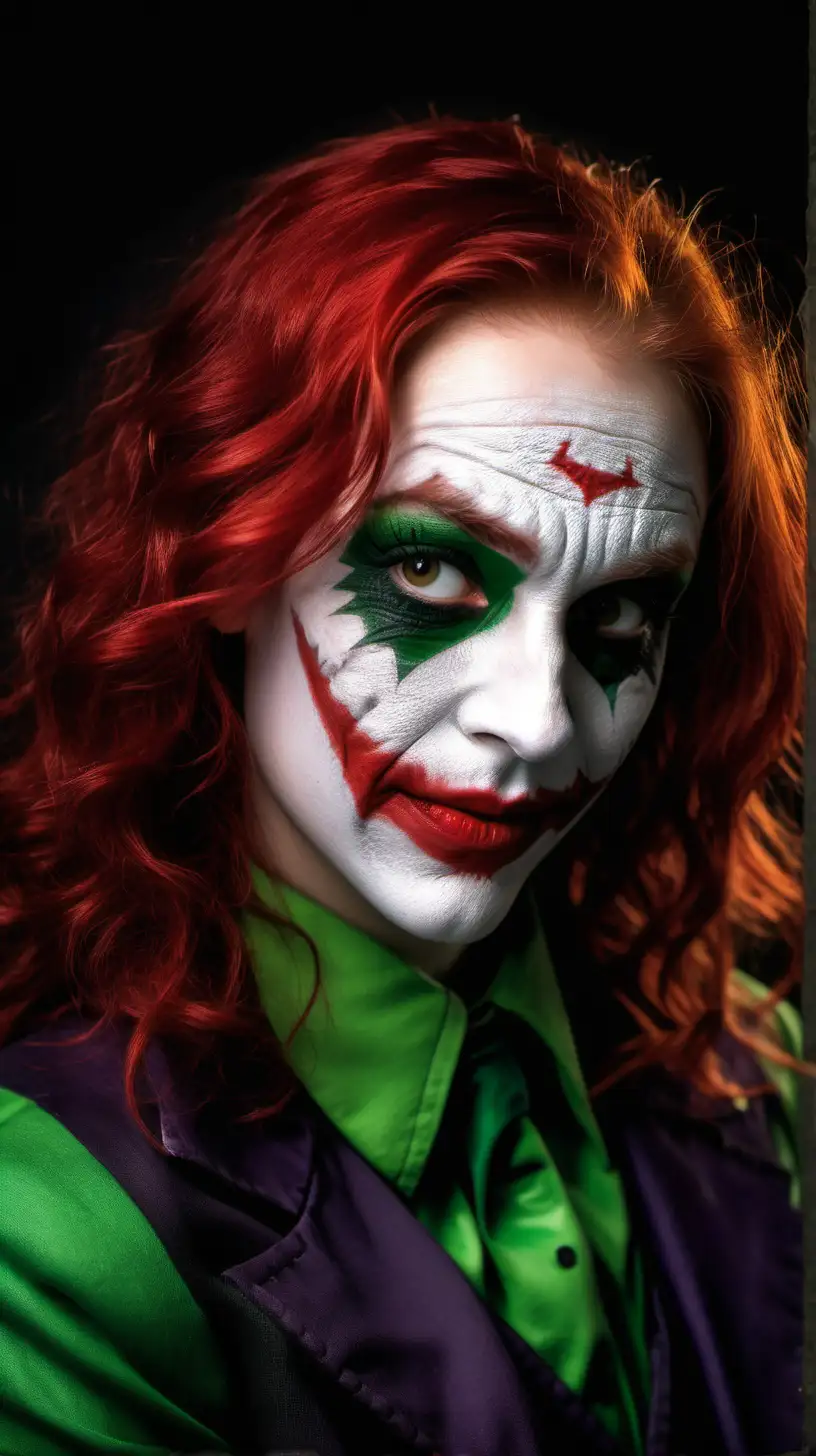 Young redhead woman as the Joker from Batman with one side of face green and one side of face red.