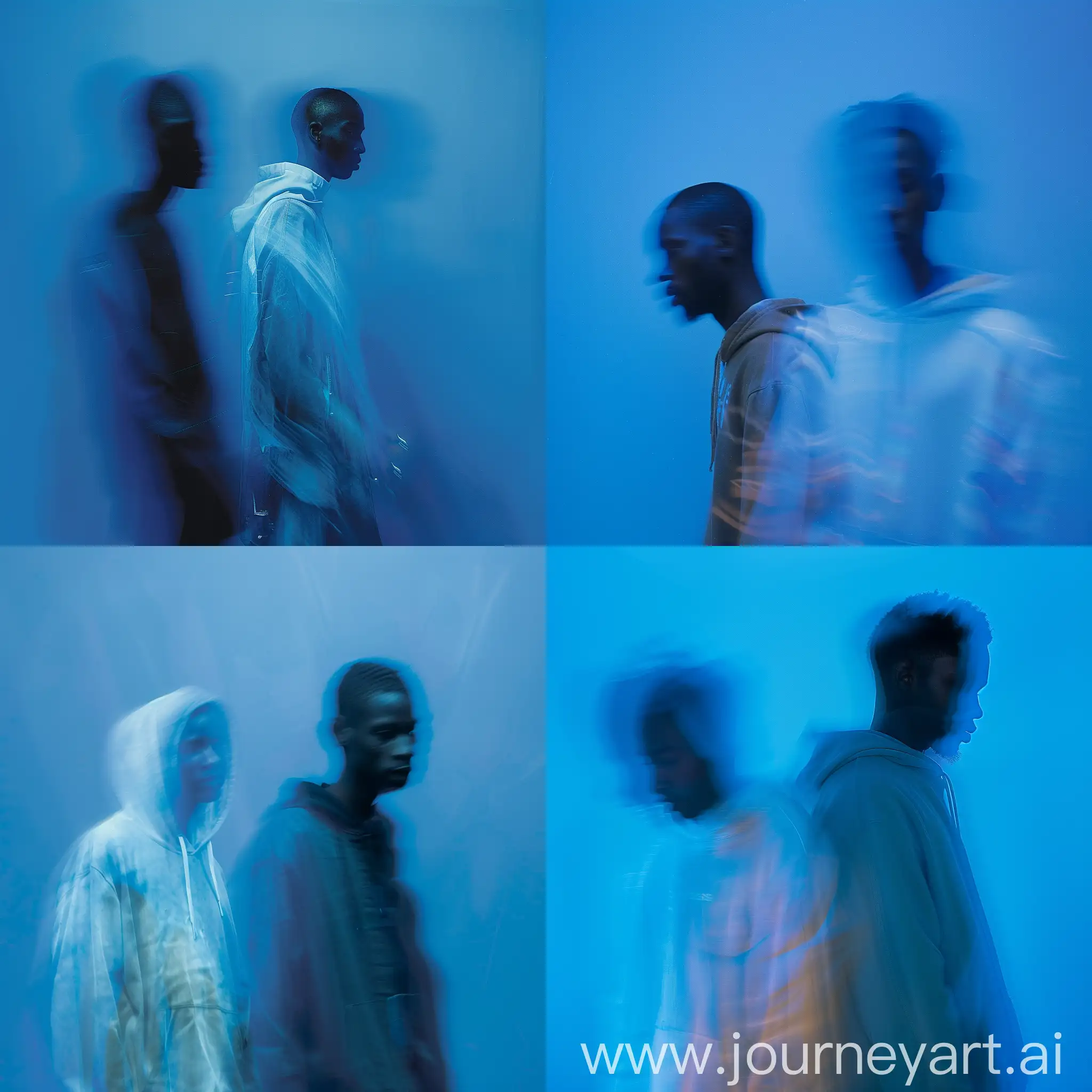 Create image image, two blurred black men figures are depicted against a blue background. The motion blur creates a ghostly, ethereal effect, with facial features and clothing details obscured. One figure in the foreground appears to be wearing a hoody in a light color, contrasting with the second figure, which is in a darker outfit. The lighting and blur lend a mysterious, almost haunting quality to the scene. Many acid colors 