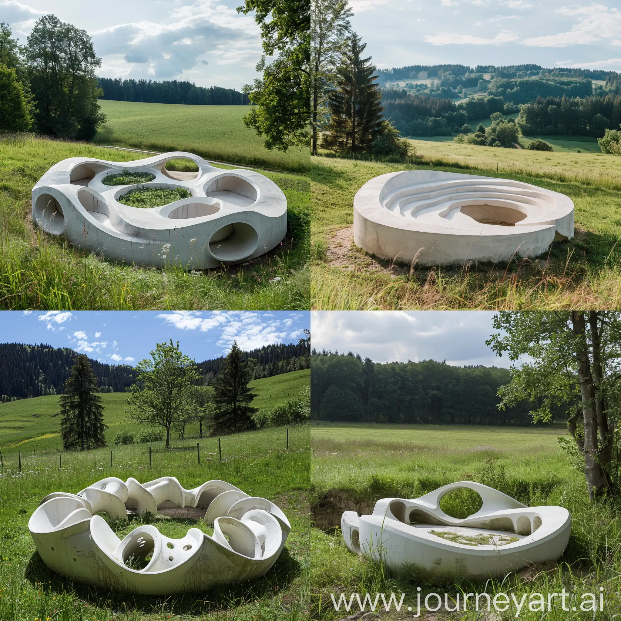 Sculptural-Circular-Cement-Seating-for-11-in-a-Meadow