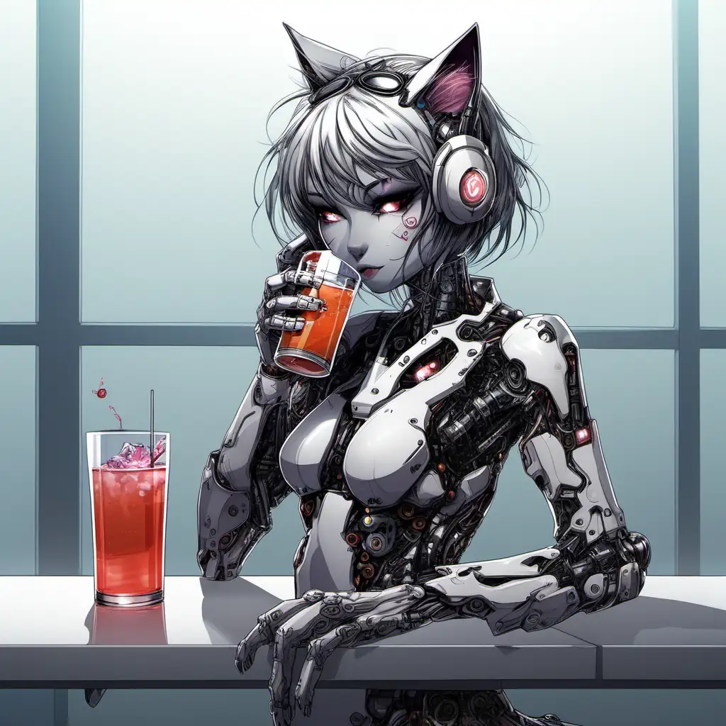 Sad cyborg cat girl having a  drink