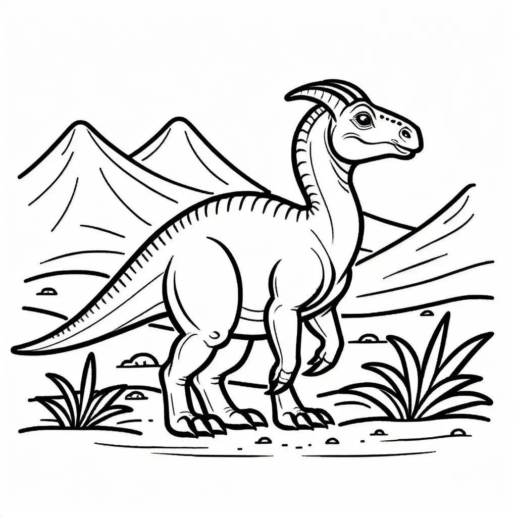 Parasaurolophus Dinosaur, prehistoric background only line drawing without color , Coloring Page, black and white, line art, white background, Simplicity, Ample White Space. The background of the coloring page is plain white to make it easy for young children to color within the lines. The outlines of all the subjects are easy to distinguish, making it simple for kids to color without too much difficulty