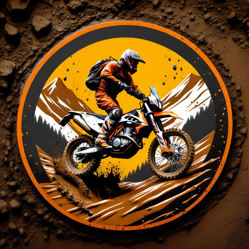 A round logo, that shows an enduro motorbike KTM 950 with a rider climbing a mountain with mud splattering. Colors mainly yellow