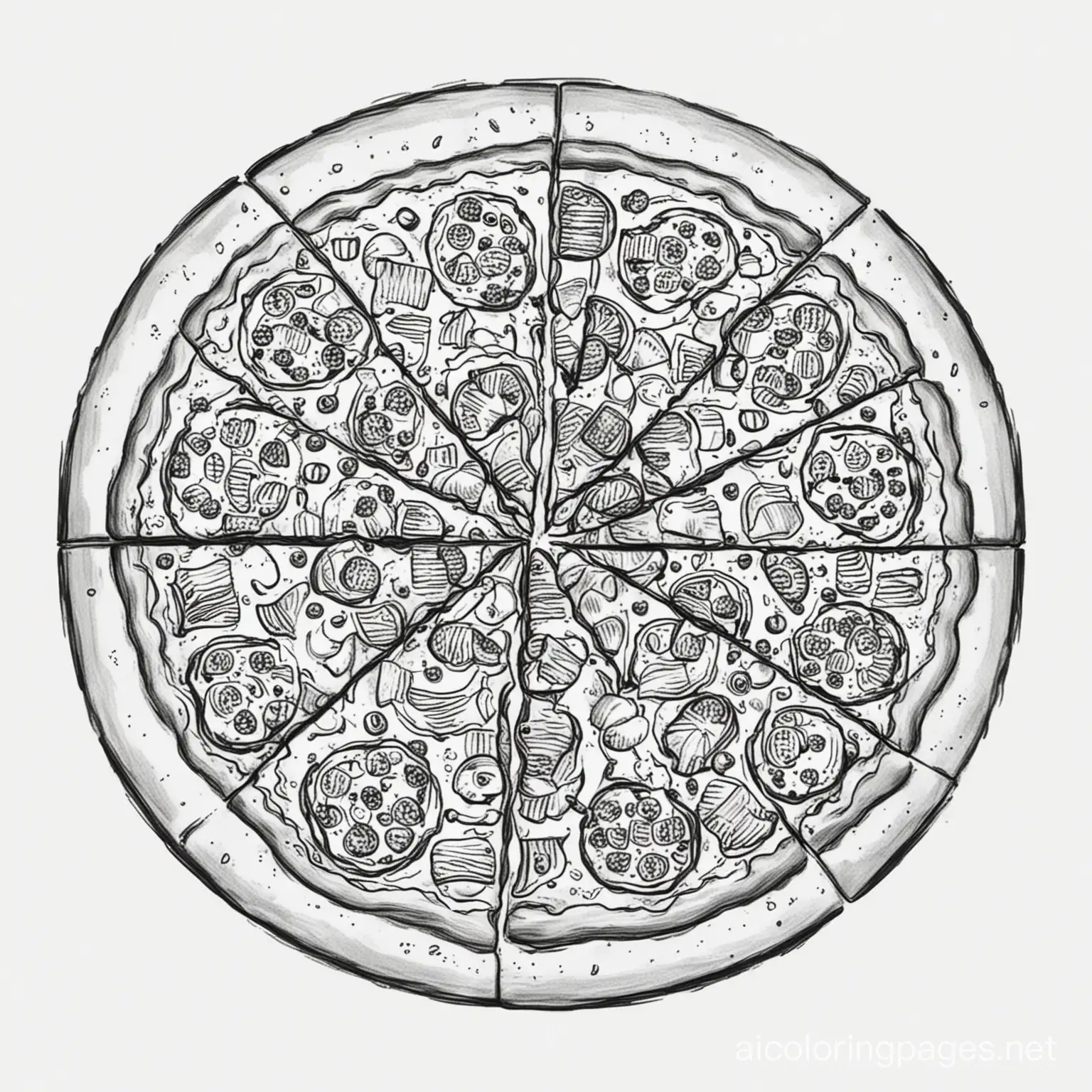 Pizza, Coloring Page, black and white, line art, white background, Simplicity, Ample White Space. The background of the coloring page is plain white to make it easy for young children to color within the lines. The outlines of all the subjects are easy to distinguish, making it simple for kids to color without too much difficulty