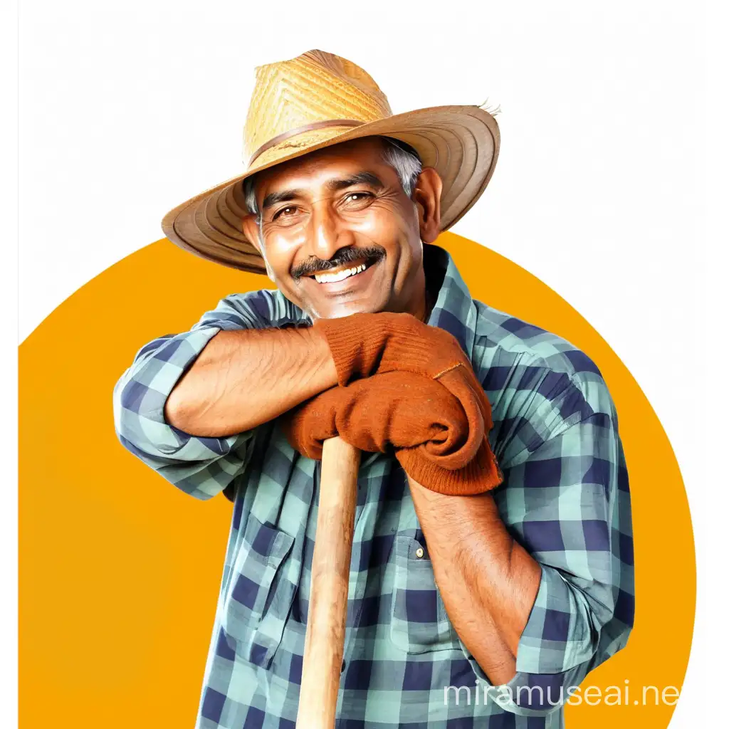 Generate similar kind of Indian farmer image wondering with a lite smile.with wite background  
