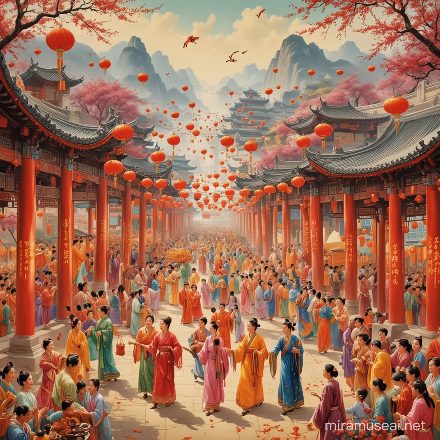 Chinese Festival Celebration Poster with Vibrant Lanterns and Dragons