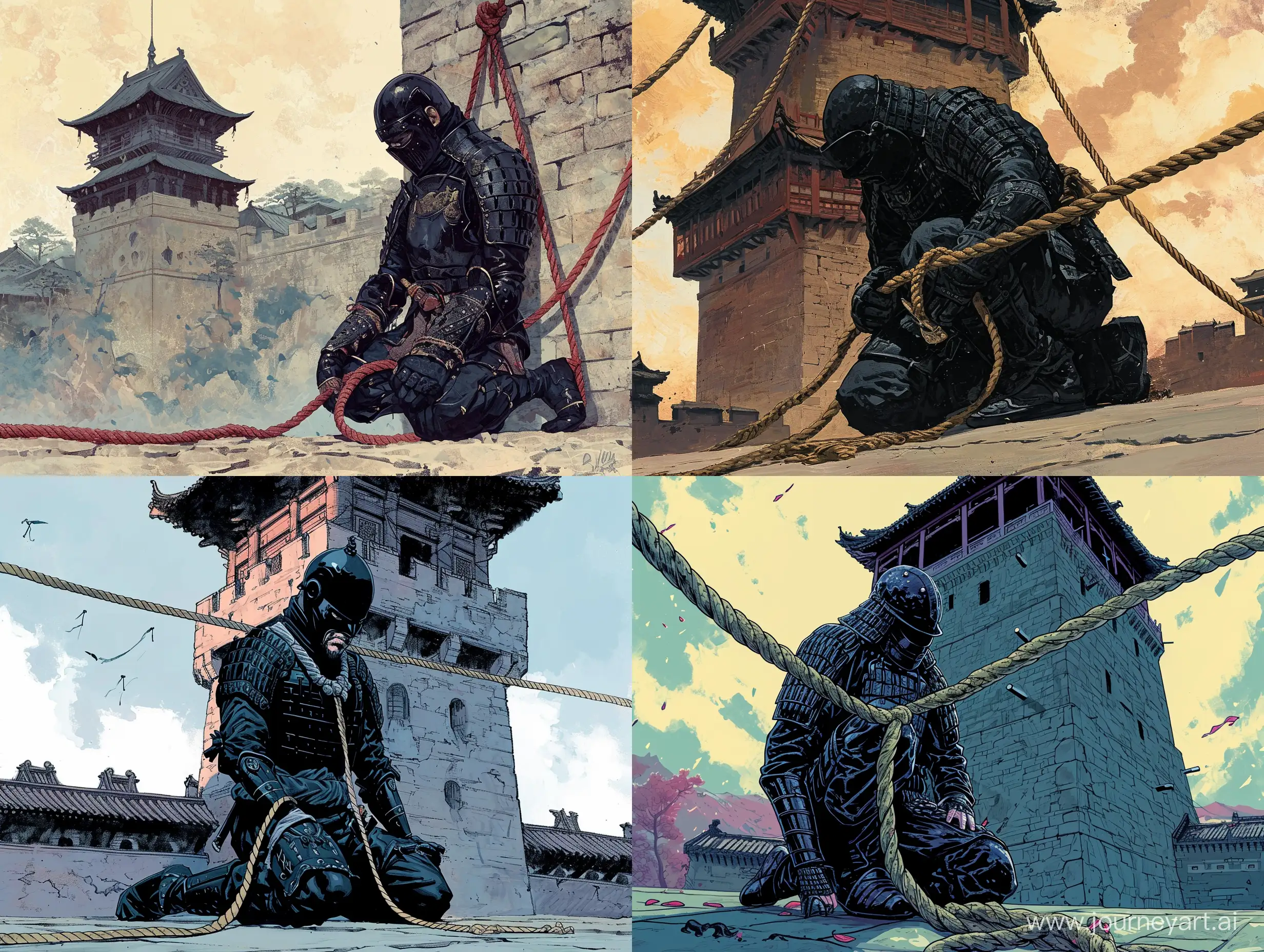 城楼下，一个身穿黑色盔甲的将军被绳子绑着跪在地上，衣着华丽，彩色中国风，水墨画风格，二次元漫画，高清，高级感，大师之作，古代，东方美学。