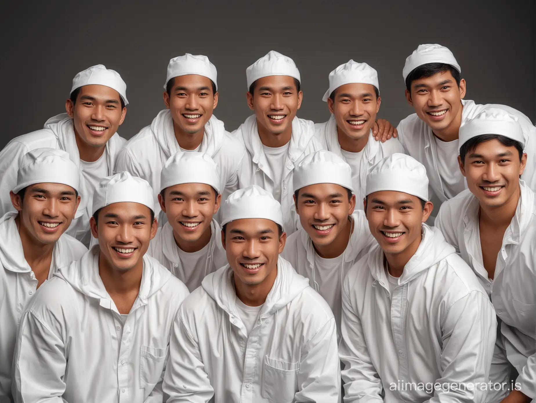 Group-of-Southeast-Asian-Men-in-White-Attire-and-Swimming-Caps