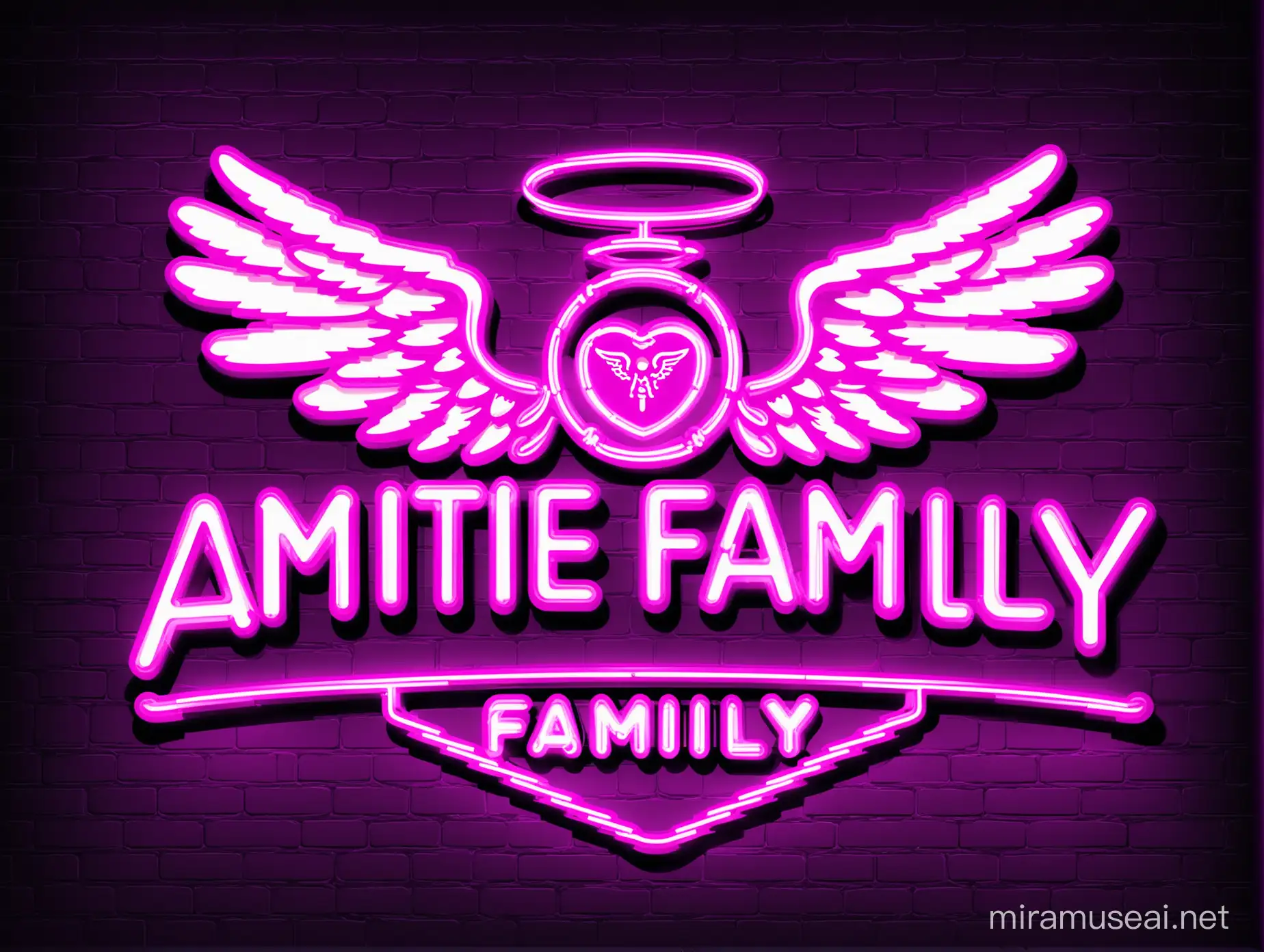 luxury neon logo sign. large and bulky.Text Just "AMITIE FAMILY".  emblem, very intricately and microscopically detailed. the color scheme is magenta, light white, chromatic, baby blue. Angel wings in the background.