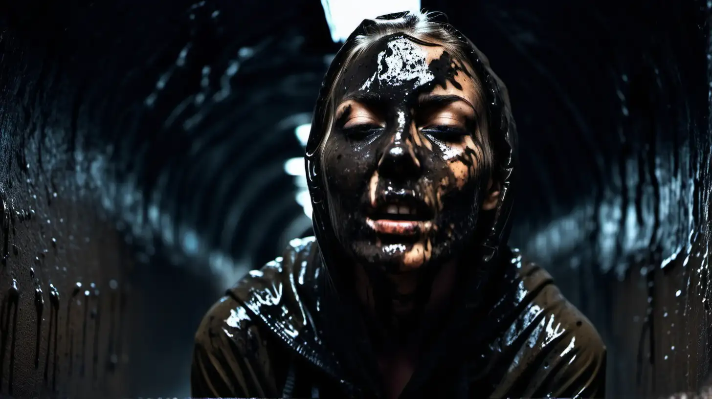 Gritty Woman Covered in Goo in Dark Tunnel with Numbered Coffins