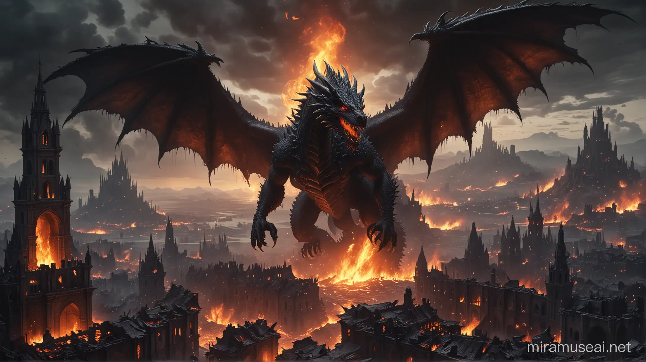 An infernal dark dragon above a ruined city in flames. 4k high quality
