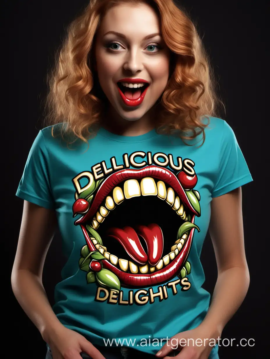  "Delicious Delights" with an array of mouth in the t-shirt design 
