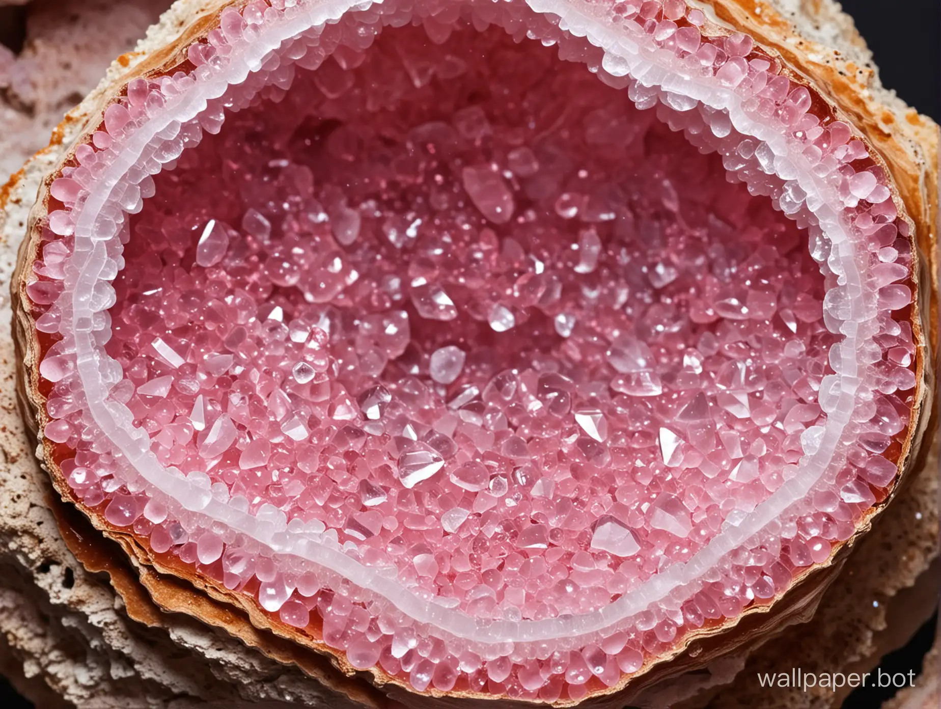 delicate pink crystals in geode.