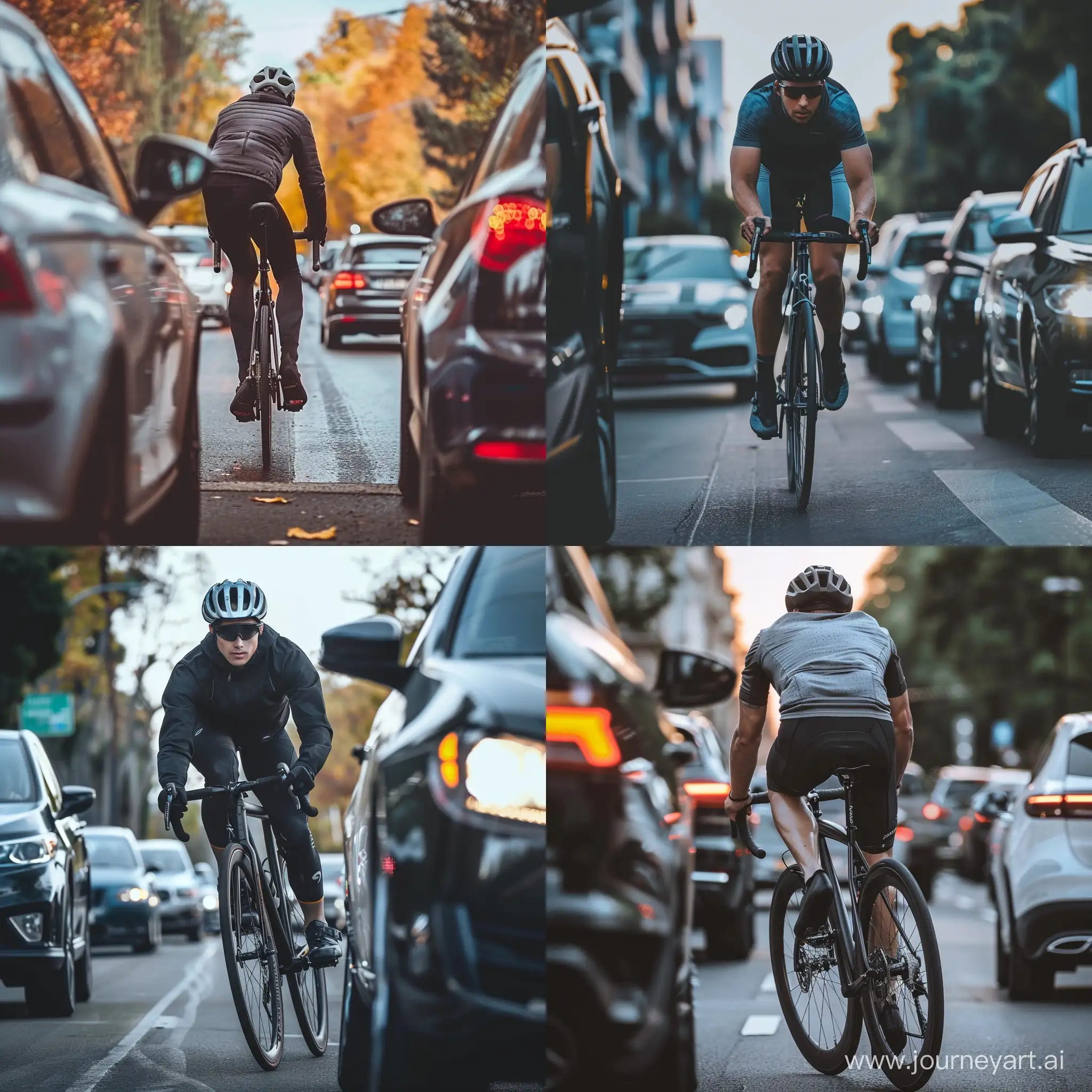 cyclist on a fixed gear cycle riding between the cars