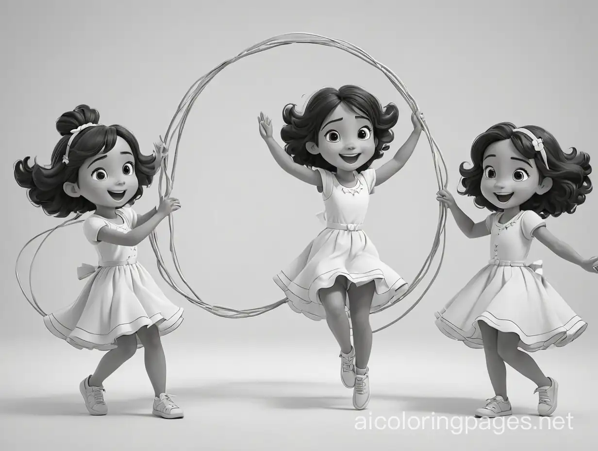 

 3 friends with hoolahoop ring and dancing to the music
, Coloring Page, black and white, line art, white background, Simplicity, Ample White Space. The background of the coloring page is plain white to make it easy for young children to color within the lines. The outlines of all the subjects are easy to distinguish, making it simple for kids to color without too much difficulty
