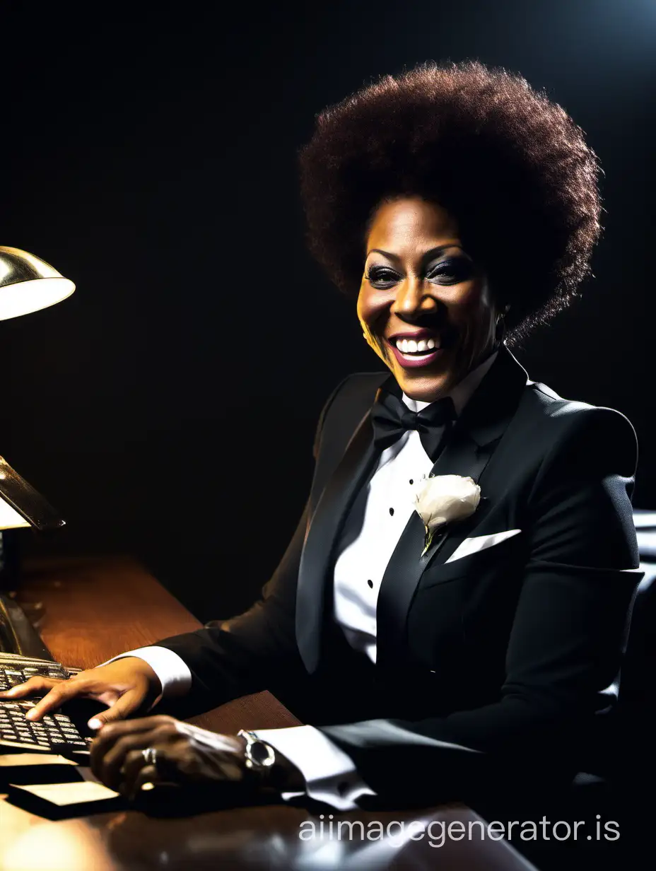 A 40 year old beautiful smiing and laughing Black woman wearing a tuxedo and sitting at a desk in a dark room.  Her jacket is open.  She has cufflinks.  Her jacket has a corsage.  She is in a dark room.  She has an afro.