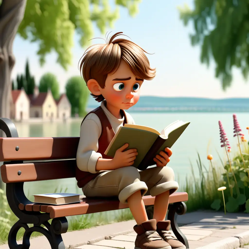 Egy kisfiú a balaton partján ül egy padon kezében egy könyvel mesevilág