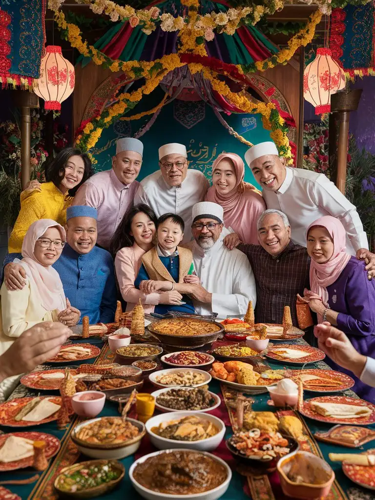 color photo of a heartwarming Eid al-Adha moment, capturing the spirit of joy and unity as families come together to celebrate this important Islamic holiday. The photo shows a group of family members gathered around a beautifully adorned table, filled with delicious traditional dishes and delicacies. Everyone is dressed in their finest attire, reflecting the festive atmosphere of the occasion. The smiles on their faces radiate happiness and gratitude as they share the blessings and joys of Eid al-Adha. In the background, decorative elements such as lanterns, colorful fabrics, and floral arrangements add to the festive ambiance, symbolizing the rich cultural traditions associated with this special day. This photo is a visual tribute to the spirit of Eid al-Adha, capturing the essence of love, togetherness, and the significance of faith in the lives of those who celebrate. It serves as a reminder of the values of generosity, sacrifice, and community that are integral to this joyous occasion.