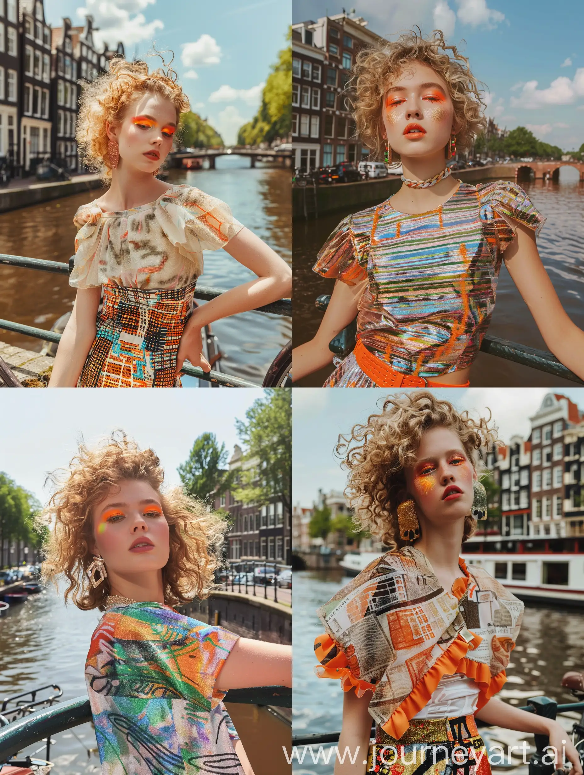 Curly-Haired-Model-Walking-by-Amsterdam-River-with-Vibrant-Outfit