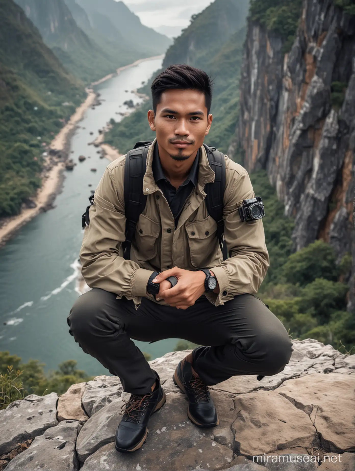 25 year old Indonesian man in adventure clothes, black trousers and watch and holding a camera, sitting on a cliff with a beautiful view, face facing forward, faint smile, realistic photo.